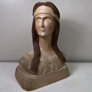 Vtg 10" Hand Carved Wood Native American Maiden Bust Statue Sculpture Signed Art